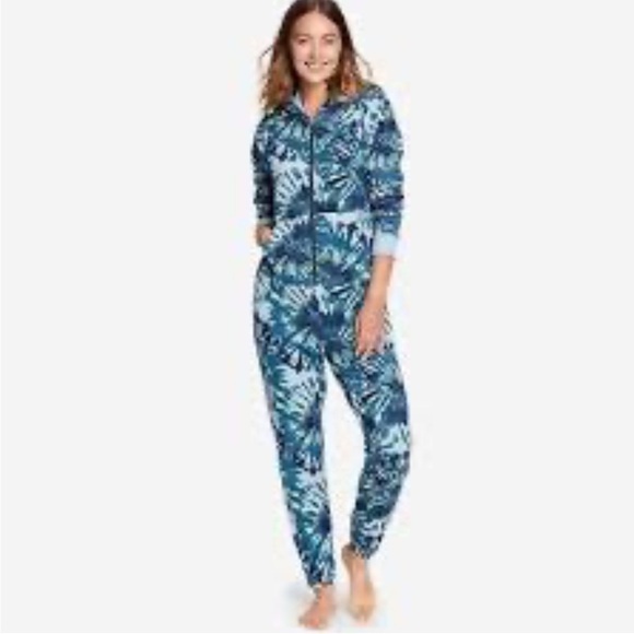 Eddie Bauer Other - Eddie Bauer Women’s Cozy Camp Suit Coverall Fleece Hood Tie Dye Blue Green Large